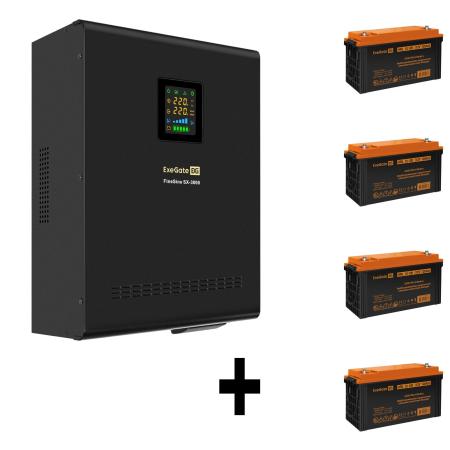 Комплект ИБП EX296003RUS + батарея 120Aч EX285657RUS 4шт (инвертор, синус, для котла, настенный) ExeGate FineSine SX-3000.LCD.AVR.2SH.T <3000VA/2100W, чистая синусоида, цветной LCD-дисплей, AVR, 2*Schuko+клеммы, линейно-интерактивный, крепление настенное, Black> + батарея ExeGate HRL 12-120 (12В, 120Ач) 4шт
