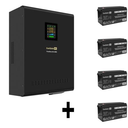 Комплект ИБП EX296003RUS + батарея 150Aч EX282990RUS 4шт (инвертор, синус, для котла, настенный) ExeGate FineSine SX-3000.LCD.AVR.2SH.T <3000VA/2100W, чистая синусоида, цветной LCD-дисплей, AVR, 2*Schuko+клеммы, линейно-интерактивный, крепление настенное, Black> + батарея ExeGate DT 12150 (12В, 150Ач) 4шт