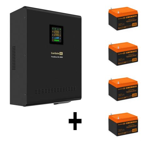 Комплект ИБП EX296003RUS + батарея 26Aч EX285663RUS 4шт (инвертор, синус, для котла, настенный) ExeGate FineSine SX-3000.LCD.AVR.2SH.T <3000VA/2100W, чистая синусоида, цветной LCD-дисплей, AVR, 2*Schuko+клеммы, линейно-интерактивный, крепление настенное, Black> + батарея ExeGate HRL 12-26 (12В, 26Ач) 4шт