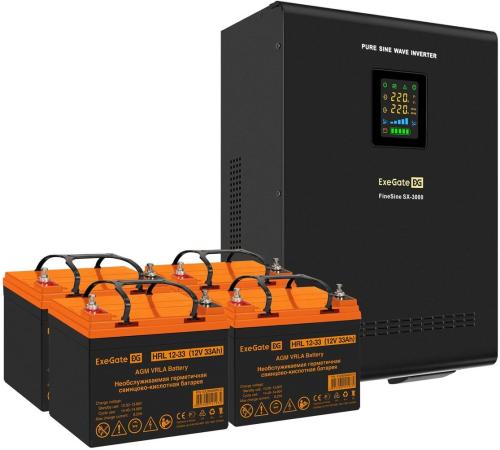 Комплект ИБП EX296003RUS + батарея 33Aч EX285664RUS 4шт (инвертор, синус, для котла, настенный) ExeGate FineSine SX-3000.LCD.AVR.2SH.T <3000VA/2100W, чистая синусоида, цветной LCD-дисплей, AVR, 2*Schuko+клеммы, линейно-интерактивный, крепление настенное, Black> + батарея ExeGate HRL 12-33 (12В, 33Ач) 4шт