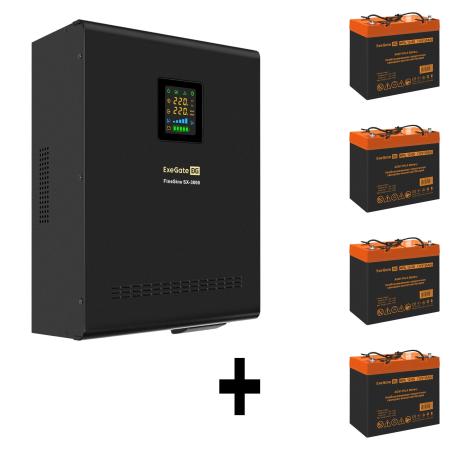 Комплект ИБП EX296003RUS + батарея 55Aч EX285652RUS 4шт (инвертор, синус, для котла, настенный) ExeGate FineSine SX-3000.LCD.AVR.2SH.T <3000VA/2100W, чистая синусоида, цветной LCD-дисплей, AVR, 2*Schuko+клеммы, линейно-интерактивный, крепление настенное, Black> + батарея ExeGate HRL 12-55 (12В, 55Ач) 4шт
