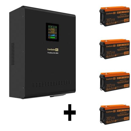 Комплект ИБП EX296003RUS + батарея 65Aч EX282982RUS 4шт (инвертор, синус, для котла, настенный) ExeGate FineSine SX-3000.LCD.AVR.2SH.T <3000VA/2100W, чистая синусоида, цветной LCD-дисплей, AVR, 2*Schuko+клеммы, линейно-интерактивный, крепление настенное, Black> + батарея ExeGate HR 12-65 (12В, 65Ач) 4шт