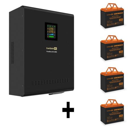 Комплект ИБП EX296003RUS + батарея 80Aч EX285654RUS 4шт (инвертор, синус, для котла, настенный) ExeGate FineSine SX-3000.LCD.AVR.2SH.T <3000VA/2100W, чистая синусоида, цветной LCD-дисплей, AVR, 2*Schuko+клеммы, линейно-интерактивный, крепление настенное, Black> + батарея ExeGate HRL 12-80 (12В, 80Ач) 4шт