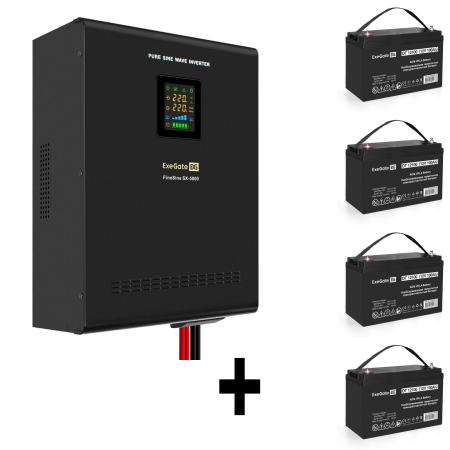 Комплект ИБП EX296004RUS + батарея 100Aч EX282985RUS 4шт (инвертор, синус, для котла, настенный) ExeGate FineSine SX-5000.LCD.AVR.2SH.T <5000VA/3500W, чистая синусоида, цветной LCD-дисплей, AVR, 2*Schuko+клеммы, линейно-интерактивный, крепление настенное, Black> + батарея ExeGate DT 12100 (12В, 100Ач) 4шт