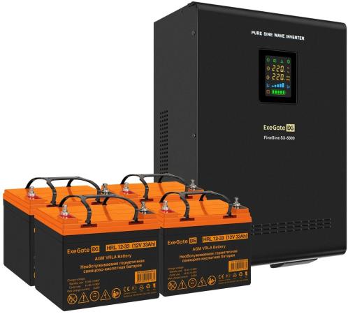 Комплект ИБП EX296004RUS + батарея 33Aч EX285664RUS 4шт (инвертор, синус, для котла, настенный) ExeGate FineSine SX-5000.LCD.AVR.2SH.T <5000VA/3500W, чистая синусоида, цветной LCD-дисплей, AVR, 2*Schuko+клеммы, линейно-интерактивный, крепление настенное, Black> + батарея ExeGate HRL 12-33 (12В, 33Ач) 4шт