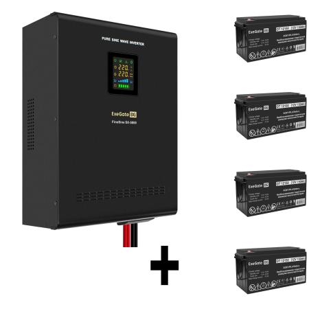 Комплект ИБП EX296004RUS + батарея 150Aч EX282990RUS 4шт (инвертор, синус, для котла, настенный) ExeGate FineSine SX-5000.LCD.AVR.2SH.T <5000VA/3500W, чистая синусоида, цветной LCD-дисплей, AVR, 2*Schuko+клеммы, линейно-интерактивный, крепление настенное, Black> + батарея ExeGate DT 12150 (12В, 150Ач) 4шт