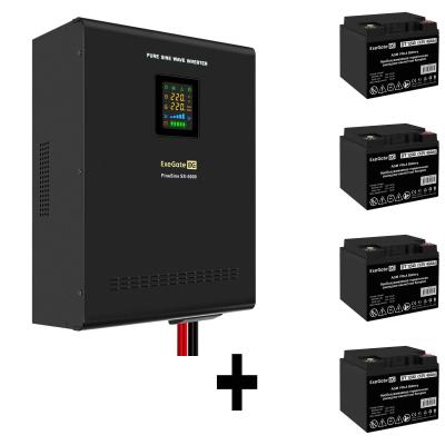 Комплект ИБП EX296004RUS + батарея 40Aч EX282976RUS 4шт (инвертор, синус, для котла, настенный) ExeGate FineSine SX-5000.LCD.AVR.2SH.T <5000VA/3500W, чистая синусоида, цветной LCD-дисплей, AVR, 2*Schuko+клеммы, линейно-интерактивный, крепление настенное, Black> + батарея ExeGate DT 1240 (12В, 40Ач) 4шт
