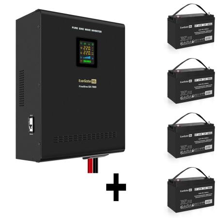 Комплект ИБП EX296005RUS + батарея 100Aч EX282985RUS 4шт (инвертор, синус, для котла, настенный) ExeGate FineSine SX-7000.LCD.AVR.2SH.T <7000VA/5000W, чистая синусоида, цветной LCD-дисплей, AVR, 2*Schuko+клеммы, линейно-интерактивный, крепление настенное, Black> + батарея ExeGate DT 12100 (12В, 100Ач) 4шт
