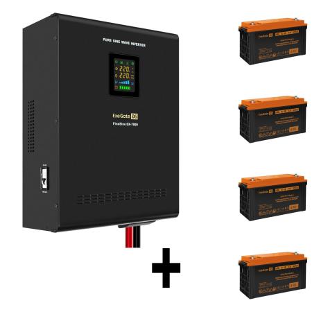 Комплект ИБП EX296005RUS + батарея 120Aч EX285657RUS 4шт (инвертор, синус, для котла, настенный) ExeGate FineSine SX-7000.LCD.AVR.2SH.T <7000VA/5000W, чистая синусоида, цветной LCD-дисплей, AVR, 2*Schuko+клеммы, линейно-интерактивный, крепление настенное, Black> + батарея ExeGate HRL 12-120 (12В, 120Ач) 4шт