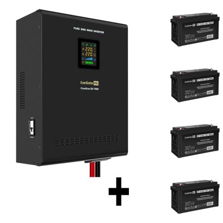 Комплект ИБП EX296005RUS + батарея 120Aч EX282988RUS 4шт (инвертор, синус, для котла, настенный) ExeGate FineSine SX-7000.LCD.AVR.2SH.T <7000VA/5000W, чистая синусоида, цветной LCD-дисплей, AVR, 2*Schuko+клеммы, линейно-интерактивный, крепление настенное, Black> + батарея ExeGate DT 12120 (12В, 120Ач) 4шт
