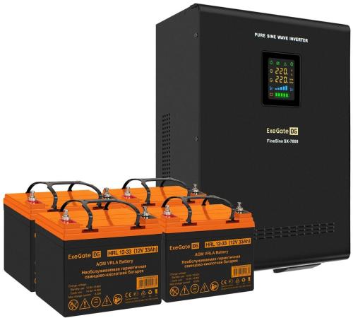 Комплект ИБП EX296005RUS + батарея 33Aч EX285664RUS 4шт (инвертор, синус, для котла, настенный) ExeGate FineSine SX-7000.LCD.AVR.2SH.T <7000VA/5000W, чистая синусоида, цветной LCD-дисплей, AVR, 2*Schuko+клеммы, линейно-интерактивный, крепление настенное, Black> + батарея ExeGate HRL 12-33 (12В, 33Ач) 4шт