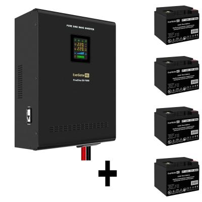 Комплект ИБП EX296005RUS + батарея 40Aч EX282976RUS 4шт (инвертор, синус, для котла, настенный) ExeGate FineSine SX-7000.LCD.AVR.2SH.T <7000VA/5000W, чистая синусоида, цветной LCD-дисплей, AVR, 2*Schuko+клеммы, линейно-интерактивный, крепление настенное, Black> + батарея ExeGate DT 1240 (12В, 40Ач) 4шт