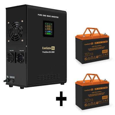 Комплект ИБП EX296001RUS + батарея 75Aч EX285653RUS 2шт (инвертор, синус, для котла, настенный) ExeGate FineSine SX-2000.LCD.AVR.2SH <2000VA/1400W, чистая синусоида, цветной LCD-дисплей, AVR, 2*Schuko, линейно-интерактивный, крепление настенное/универсальное, Black> + батарея ExeGate HRL 12-75 (12В, 75Ач) 2шт