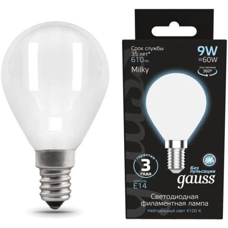 Лампа светодиодная Gauss Filament 105201209 9Вт цок.:E14 шар 220B 4100K св.свеч.бел.нейт. (упак.:10шт)