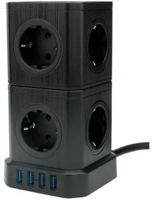 Cablexpert Сетевой фильтр Tower TWR-9-U4-B-2 (9р, 16А, 4 х USB, 3.1А, 2м, ур.защиты 4+) черный, коробка