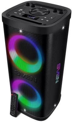 Мобильные колонки SVEN PS-930 2.0 чёрные (2x75 W, mini Jack, 2 х 6.35 мм Jack, USB, Bluetooth, FM, micro SD, ПДУ, 7200 мA, LED подсветка)