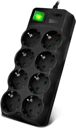 SVEN Фильтр SF-08E-16 5,0 м (8 розеток с защитными шторками,16А) черный, цветная коробка SV-021726