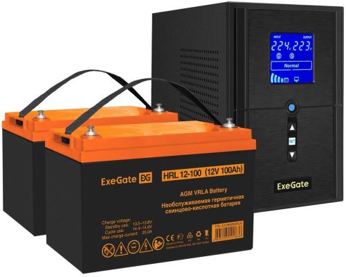 Комплект ИБП EX295987RUS + батарея 100Aч EX285656RUS 2шт (инвертор, синус, для котла) ExeGate SineTower SZ-1000.LCD.AVR.2SH.1C13.USB <1000VA/800W, чистый синусоида, LCD дисплей, AVR, 2*Schuko+1*C13, USB, линейно-интерактивный, Black> + батарея ExeGate HRL 12-100 (12В, 100Ач) 2шт