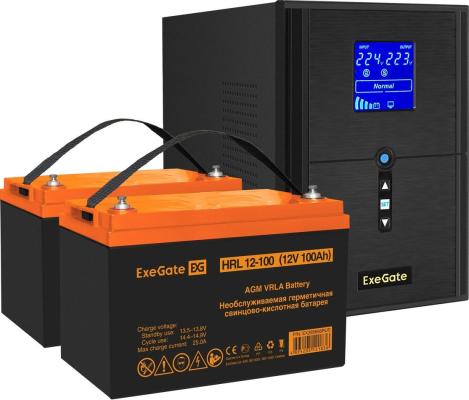 Комплект ИБП EX295989RUS + батарея 100Aч EX285656RUS 2шт (инвертор, синус, для котла) ExeGate SineTower SZ-2000.LCD.AVR.3SH.1C13.USB <2000VA/1600W, чистый синусоида, LCD дисплей, AVR, 3*Schuko+1*C13, USB, линейно-интерактивный, Black> + батарея ExeGate HRL 12-100 (12В, 100Ач) 2шт