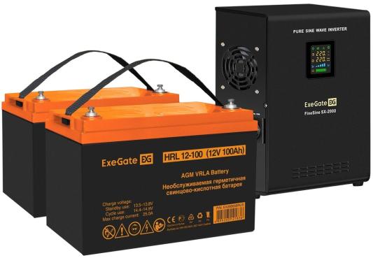 Комплект ИБП EX296001RUS + батарея 100Aч EX285656RUS 2шт (инвертор, синус, для котла, настенный) ExeGate FineSine SX-2000.LCD.AVR.2SH <2000VA/1400W, чистая синусоида, цветной LCD-дисплей, AVR, 2*Schuko, линейно-интерактивный, крепление настенное/универсальное, Black> + батарея ExeGate HRL 12-100 (12В, 100Ач) 2шт