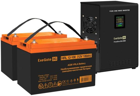 Комплект ИБП EX296002RUS + батарея 100Aч EX285656RUS 2шт (инвертор, синус, для котла, настенный) ExeGate FineSine SX-2500.LCD.AVR.2SH <2500VA/1800W, чистая синусоида, цветной LCD-дисплей, AVR, 2*Schuko, линейно-интерактивный, крепление настенное/универсальное, Black> + батарея ExeGate HRL 12-100 (12В, 100Ач) 2шт