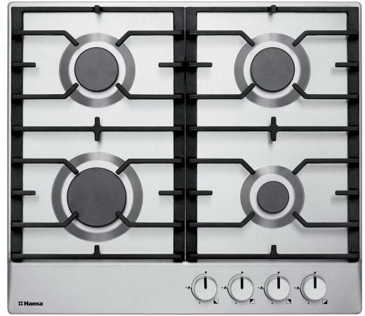 Встраиваемая варочная панель/ Варочная поверхность, газовая BHGI610391, 4 газовых конфороки (1х5,3см,2х7,3cм, 1х9,8см), ЧУГУННЫЕ РЕШЕТКИ, автоподжиг, газ-контроль, нержавеющая сталь