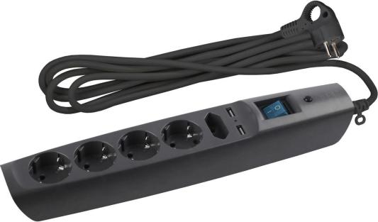 ЭРА SFU-5es-2m-B Сет.фильтр ЭРА черный с заземл, 3x1мм2, со шт, с выкл, 5гн+2xUSB, 2м, кор C0043326