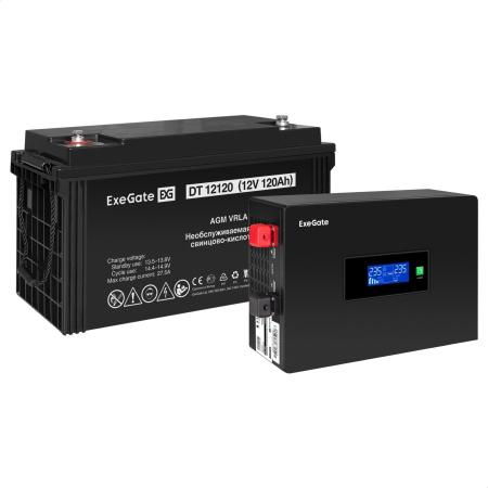 Комплект ИБП EX295992RUS + батарея 120Aч EX282988RUS 1шт (инвертор, синус, для котла, PF=1, настенный) ExeGate IdealSine SR-600.LCD.2SH <600VA/600W, чистая синусоида, цветной LCD-дисплей, 2*Schuko, крепление настенное, Black> + батарея ExeGate DT 12120 (12В, 120Ач) 1шт
