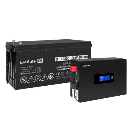 Комплект ИБП EX295992RUS + батарея 200Aч EX282991RUS 1шт (инвертор, синус, для котла, PF=1, настенный) ExeGate IdealSine SR-600.LCD.2SH <600VA/600W, чистая синусоида, цветной LCD-дисплей, 2*Schuko, крепление настенное, Black> + батарея ExeGate DT 12200 (12В, 200Ач) 1шт