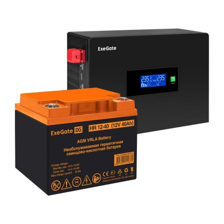 Комплект ИБП EX295992RUS + батарея 40Aч EX282979RUS 1шт (инвертор, синус, для котла, PF=1, настенный) ExeGate IdealSine SR-600.LCD.2SH <600VA/600W, чистая синусоида, цветной LCD-дисплей, 2*Schuko, крепление настенное, Black> + батарея ExeGate HR 12-40 (12В, 40Ач) 1шт