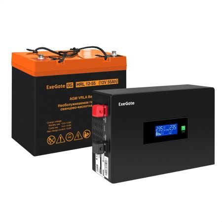 Комплект ИБП EX295992RUS + батарея 55Aч EX285652RUS 1шт (инвертор, синус, для котла, PF=1, настенный) ExeGate IdealSine SR-600.LCD.2SH <600VA/600W, чистая синусоида, цветной LCD-дисплей, 2*Schuko, крепление настенное, Black> + батарея ExeGate HRL 12-55 (12В, 55Ач) 1шт
