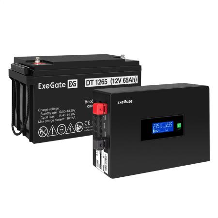 Комплект ИБП EX295992RUS + батарея 65Aч EX282980RUS 1шт (инвертор, синус, для котла, PF=1, настенный) ExeGate IdealSine SR-600.LCD.2SH <600VA/600W, чистая синусоида, цветной LCD-дисплей, 2*Schuko, крепление настенное, Black> + батарея ExeGate DT 1265 (12В, 65Ач) 1шт