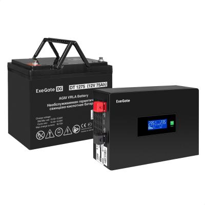 Комплект ИБП EX295992RUS + батарея 75Aч EX282983RUS 1шт (инвертор, синус, для котла, PF=1, настенный) ExeGate IdealSine SR-600.LCD.2SH <600VA/600W, чистая синусоида, цветной LCD-дисплей, 2*Schuko, крепление настенное, Black> + батарея ExeGate DT 1275 (12В, 75Ач) 1шт
