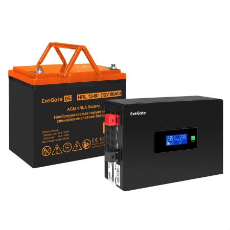 Комплект ИБП EX295992RUS + батарея 80Aч EX285654RUS 1шт (инвертор, синус, для котла, PF=1, настенный) ExeGate IdealSine SR-600.LCD.2SH <600VA/600W, чистая синусоида, цветной LCD-дисплей, 2*Schuko, крепление настенное, Black> + батарея ExeGate HRL 12-80 (12В, 80Ач) 1шт