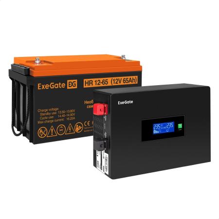 Комплект ИБП EX295993RUS + батарея 65Aч EX282982RUS 1шт (инвертор, синус, для котла, PF=1, настенный) ExeGate IdealSine SR-1000.LCD.2SH  <1000VA/1000W, чистая синусоида, цветной LCD-дисплей, 2*Schuko, крепление настенное, Black> + батарея ExeGate HR 12-65 (12В, 65Ач) 1шт