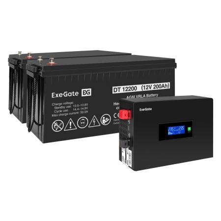 Комплект ИБП EX295994RUS + батарея 200Aч EX282991RUS 2шт (инвертор, синус, для котла, PF=1, настенный) ExeGate IdealSine SR-1500.LCD.2SH  <1500VA/1500W, чистая синусоида, цветной LCD-дисплей, 2*Schuko, крепление настенное, Black> + батарея ExeGate DT 12200 (12В, 200Ач) 2шт