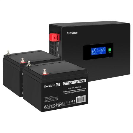 Комплект ИБП EX295994RUS + батарея 26Aч EX282970RUS 2шт (инвертор, синус, для котла, PF=1, настенный) ExeGate IdealSine SR-1500.LCD.2SH  <1500VA/1500W, чистая синусоида, цветной LCD-дисплей, 2*Schuko, крепление настенное, Black> + батарея ExeGate DT 1226 (12В, 26Ач) 2шт