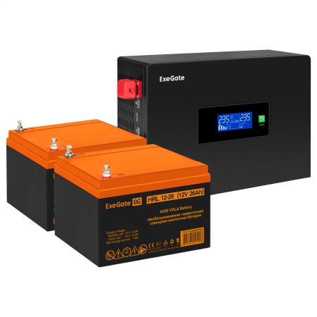 Комплект ИБП EX295994RUS + батарея 26Aч EX285663RUS 2шт (инвертор, синус, для котла, PF=1, настенный) ExeGate IdealSine SR-1500.LCD.2SH  <1500VA/1500W, чистая синусоида, цветной LCD-дисплей, 2*Schuko, крепление настенное, Black> + батарея ExeGate HRL 12-26 (12В, 26Ач) 2шт