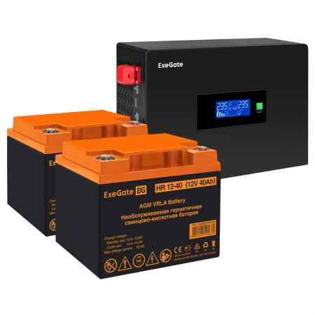 Комплект ИБП EX295994RUS + батарея 40Aч EX282979RUS 2шт (инвертор, синус, для котла, PF=1, настенный) ExeGate IdealSine SR-1500.LCD.2SH  <1500VA/1500W, чистая синусоида, цветной LCD-дисплей, 2*Schuko, крепление настенное, Black> + батарея ExeGate HR 12-40 (12В, 40Ач) 2шт