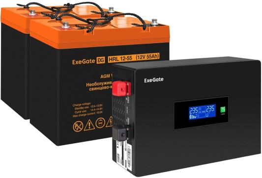 Комплект ИБП EX295994RUS + батарея 55Aч EX285652RUS 2шт (инвертор, синус, для котла, PF=1, настенный) ExeGate IdealSine SR-1500.LCD.2SH  <1500VA/1500W, чистая синусоида, цветной LCD-дисплей, 2*Schuko, крепление настенное, Black> + батарея ExeGate HRL 12-55 (12В, 55Ач) 2шт