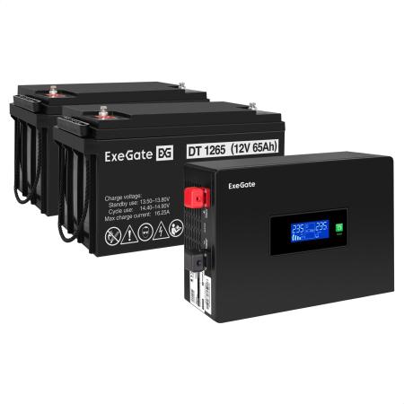 Комплект ИБП EX295994RUS + батарея 65Aч EX282980RUS 2шт (инвертор, синус, для котла, PF=1, настенный) ExeGate IdealSine SR-1500.LCD.2SH  <1500VA/1500W, чистая синусоида, цветной LCD-дисплей, 2*Schuko, крепление настенное, Black> + батарея ExeGate DT 1265 (12В, 65Ач) 2шт