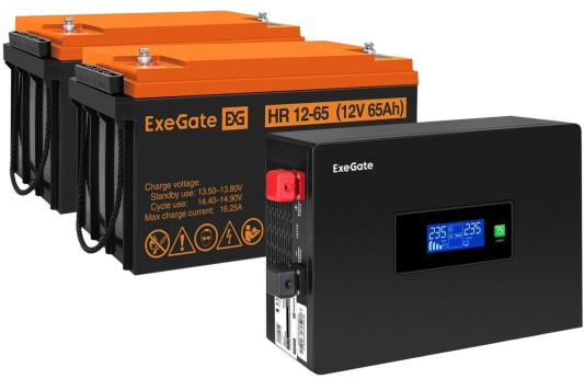 Комплект ИБП EX295994RUS + батарея 65Aч EX282982RUS 2шт (инвертор, синус, для котла, PF=1, настенный) ExeGate IdealSine SR-1500.LCD.2SH  <1500VA/1500W, чистая синусоида, цветной LCD-дисплей, 2*Schuko, крепление настенное, Black> + батарея ExeGate HR 12-65 (12В, 65Ач) 2шт