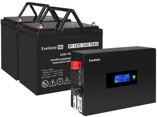 Комплект ИБП EX295994RUS + батарея 75Aч EX282983RUS 2шт (инвертор, синус, для котла, PF=1, настенный) ExeGate IdealSine SR-1500.LCD.2SH  <1500VA/1500W, чистая синусоида, цветной LCD-дисплей, 2*Schuko, крепление настенное, Black> + батарея ExeGate DT 1275 (12В, 75Ач) 2шт