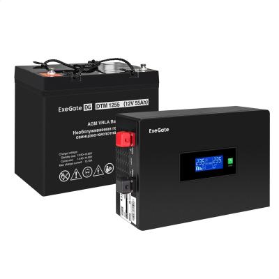 Комплект ИБП EX295992RUS + батарея 55Aч EX285667RUS 1шт (инвертор, синус, для котла, PF=1, настенный) ExeGate IdealSine SR-600.LCD.2SH <600VA/600W, чистая синусоида, цветной LCD-дисплей, 2*Schuko, крепление настенное, Black> + батарея ExeGate DTM 1255 (12В, 55Ач) 1шт