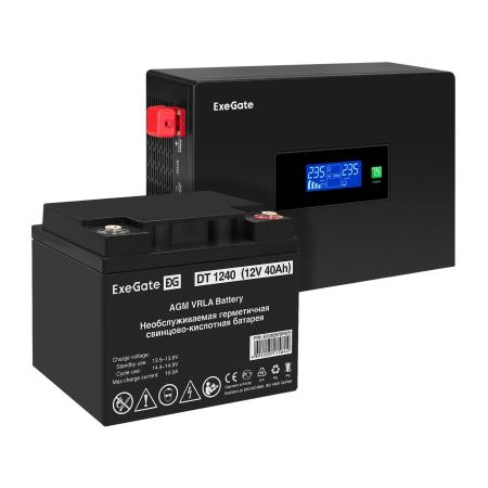Комплект ИБП EX295993RUS + батарея 40Aч EX282976RUS 1шт (инвертор, синус, для котла, PF=1, настенный) ExeGate IdealSine SR-1000.LCD.2SH  <1000VA/1000W, чистая синусоида, цветной LCD-дисплей, 2*Schuko, крепление настенное, Black> + батарея ExeGate DT 1240 (12В, 40Ач) 1шт