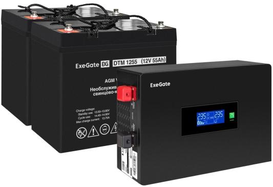 Комплект ИБП EX295994RUS + батарея 55Aч EX285667RUS 2шт (инвертор, синус, для котла, PF=1, настенный) ExeGate IdealSine SR-1500.LCD.2SH  <1500VA/1500W, чистая синусоида, цветной LCD-дисплей, 2*Schuko, крепление настенное, Black> + батарея ExeGate DTM 1255 (12В, 55Ач) 2шт