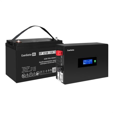 Комплект ИБП EX295993RUS + батарея 100Aч EX282985RUS 1шт (инвертор, синус, для котла, PF=1, настенный) ExeGate IdealSine SR-1000.LCD.2SH  <1000VA/1000W, чистая синусоида, цветной LCD-дисплей, 2*Schuko, крепление настенное, Black> + батарея ExeGate DT 12100 (12В, 100Ач) 1шт