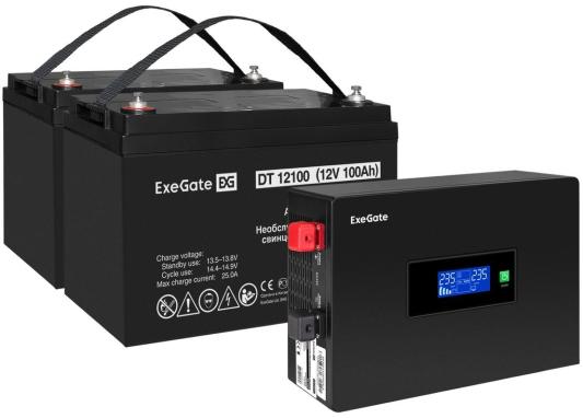 Комплект ИБП EX295994RUS + батарея 100Aч EX282985RUS 2шт (инвертор, синус, для котла, PF=1, настенный) ExeGate IdealSine SR-1500.LCD.2SH  <1500VA/1500W, чистая синусоида, цветной LCD-дисплей, 2*Schuko, крепление настенное, Black> + батарея ExeGate DT 12100 (12В, 100Ач) 2шт
