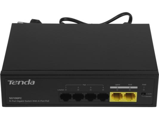 Tenda SG106PC Коммутатор неуправляемый PoE, 6 портов, 6x1 Гбит/с, PoE 4х до 30 Вт, 2хUplink, настольный