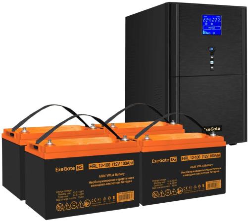 Комплект ИБП EX295990RUS + батарея 100Aч EX285656RUS 4шт (инвертор, синус, для котла) ExeGate SineTower SZ-3000.LCD.AVR.3SH.1C13.RJ.USB <3000VA/2400W, чистый синусоида, LCD дисплей, AVR, 3*Schuko+1*C13, RJ45/11, USB, линейно-интерактивный, Black> + батарея ExeGate HRL 12-100 (12В, 100Ач) 4шт